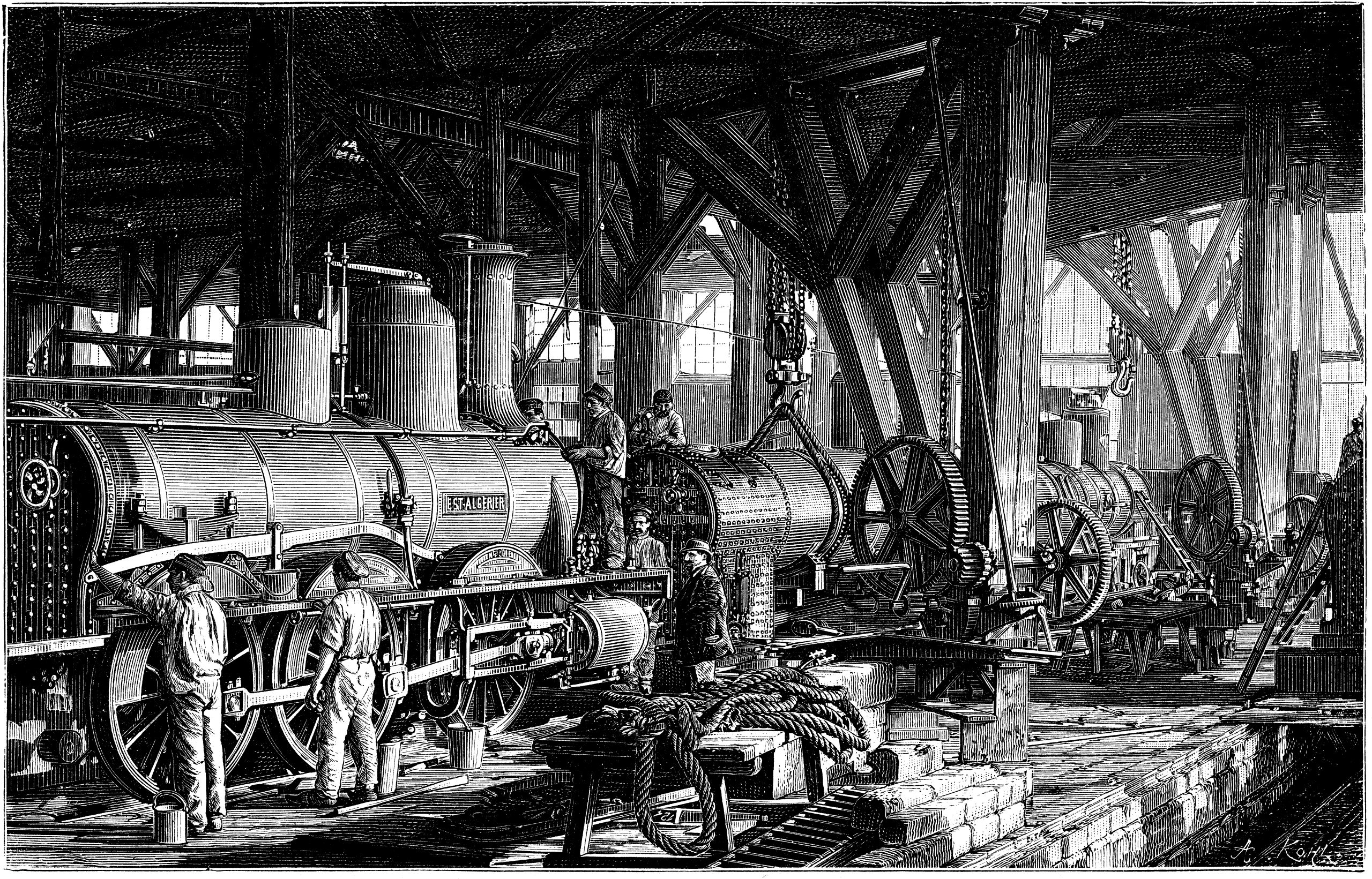Atelier de montage des locomotives à vapeur à la SACM